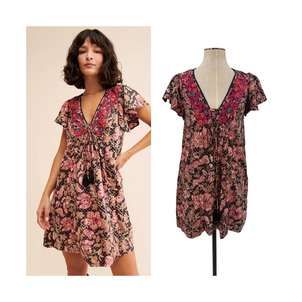 Anthropologie Floral Printed Tunic Dress Mixed Print V Neck Black Brown Size XXS